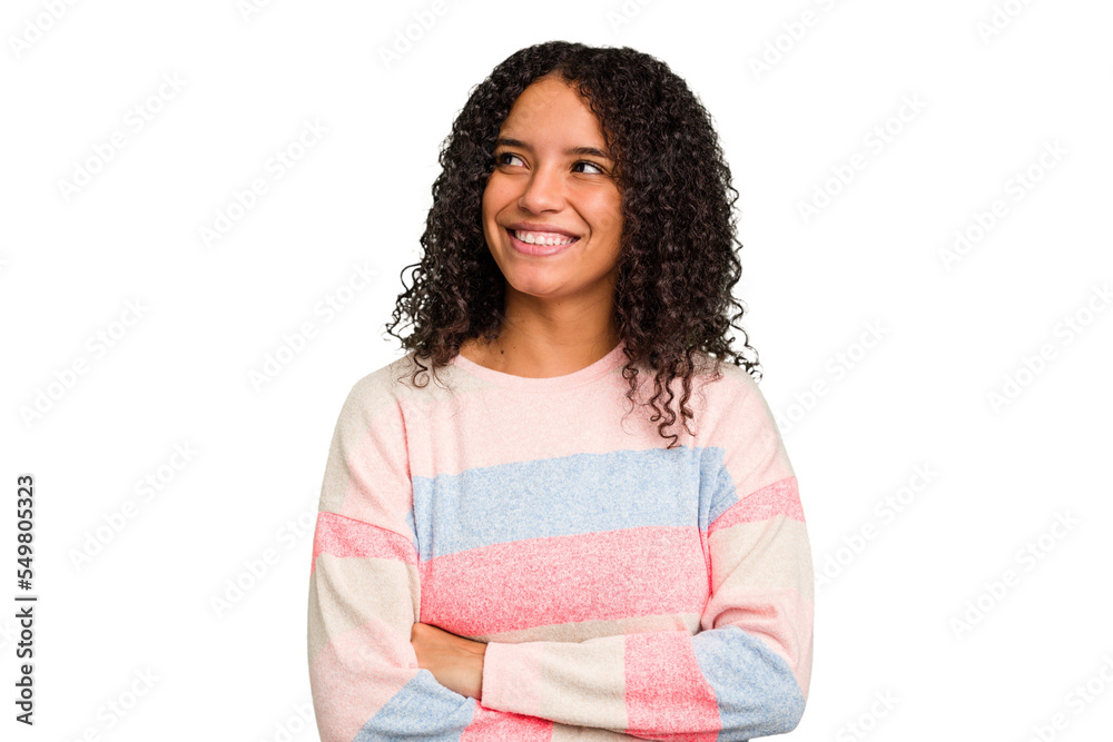 Young Brazilian curly hair cute woman isolated smiling confident with crossed arms. Young Brazilian curly hair cute woman isolated smiling confident with crossed arms.