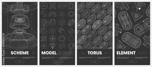 Collection vector posters with strange wireframes of geometric shapes modern design inspired by brutalism, structures of various shapes, retro futuristic graphics set 10 photo