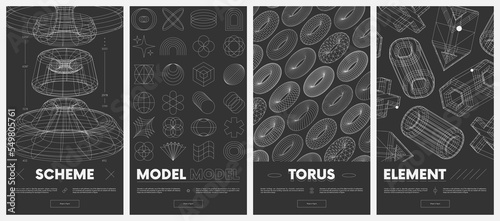 Collection vector posters with strange wireframes of geometric shapes modern design inspired by brutalism, structures of various shapes, retro futuristic graphics set 10