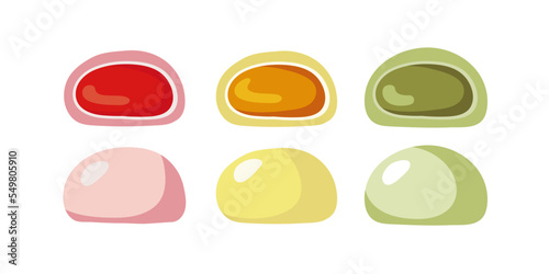 Mochi. Japanese rice dessert. Traditional Japanese dessert. Flat Vector illustration with Healthy sweet snack. Ball of rice flour with bean paste. Banner, poster, restaurant menu, national mochi day
