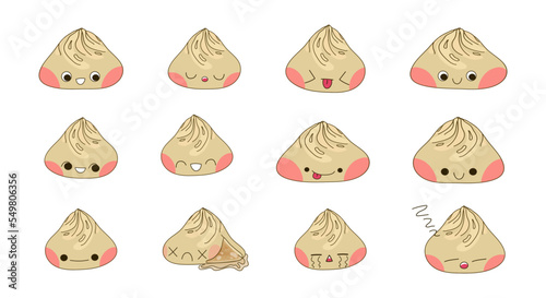 Xiao Long Bao set of dumpling characters vector illustration isolated on white background. Cute kawaii dim sum with different sizes, shapes and emotions. Flat style
