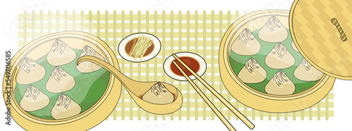 Xiao Long Bao steamed dumplings background vector illustration. Poster with dim sum in bamboo steamers and spoon, chopsticks and soy sauce and ginger. Flat cartoon style