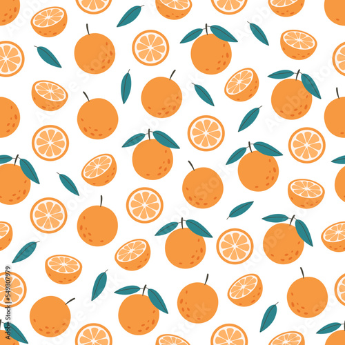 Fresh orange seamless pattern. Citrus fruit seamless pattern. Healthy food. Flat, hand drawn texture for wallpaper, textile, fabric, paper. Hand drawn vector illustration