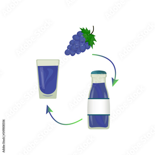 a glass of juice with a bunch of grapes. drink and food vector illustration