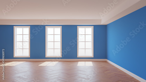 Blue Empty Room with a White Ceiling and Cornice  Glossy Herringbone Parquet Flooring  Three Large Windows and a White Plinth. Sunny Beautiful Interior. 3D illustration  8K Ultra HD  7680x4320