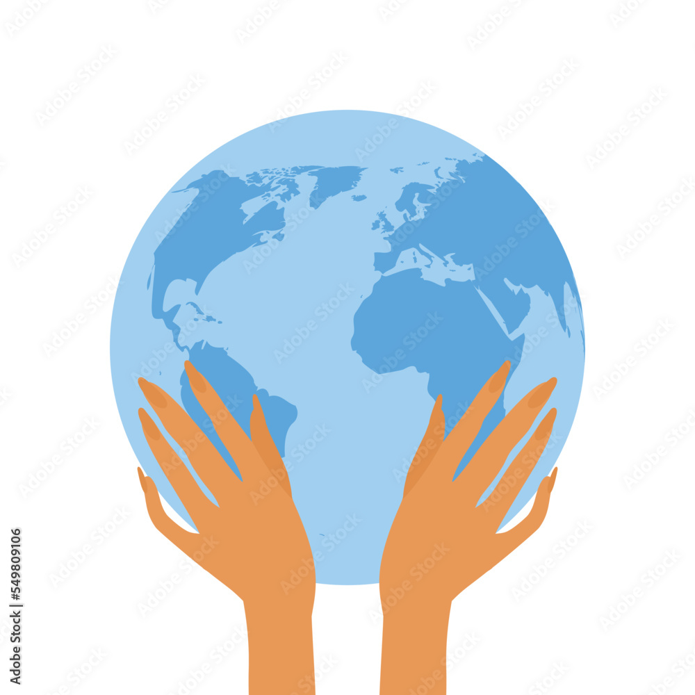 Planet earth and human hands. Care for planet concept. Flat vector illustration. Planet earth and human hands. Care for planet concept. Flat vector illustration.
