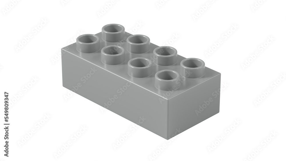 Fototapeta premium Metallic Silver Plastic Bricks Block Isolated on a White Background. Children Toy Brick, Perspective View. Close Up View of a Game Block for Constructors. 3D illustration with a Work Path. Ultra HD 8K