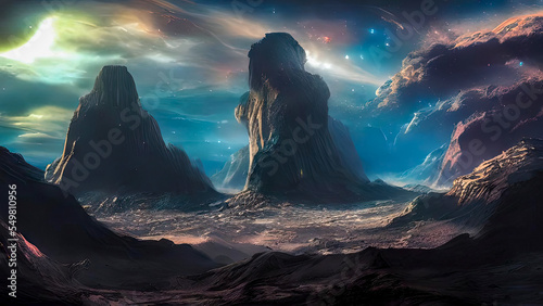 Science fiction Rough rock planetary tera landscape. Background illustration, digital matte painting photo