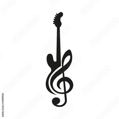 Guitar shape with music key, musical art isolated on white background, vector illustration.