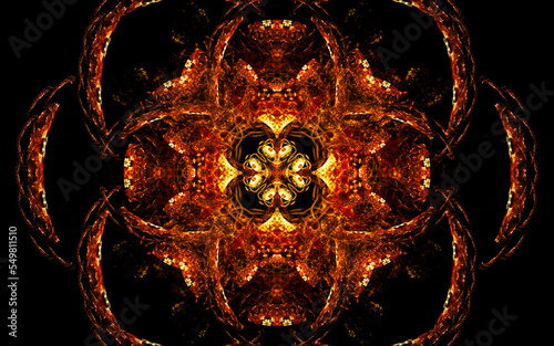 abstract illustration of a computer generated fantastic flower of various shapes and shades on a black background for use in symbology, signs for digital design and graphics