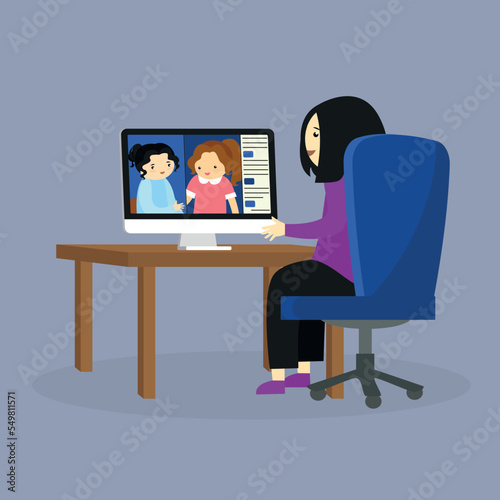 Girl at the computer communicates by video call