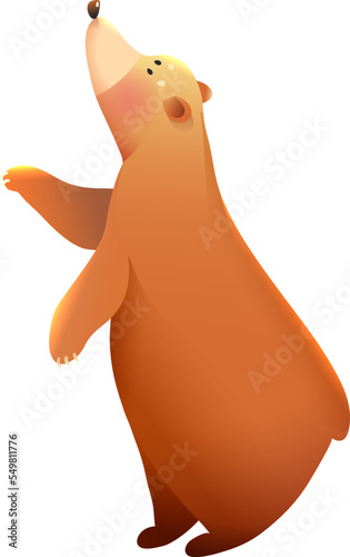 Little Teddy Brown Bear Cub Standing Straight and looking up. Cute artistic cartoon for children. Vector kids illustration clipart in watercolor style.