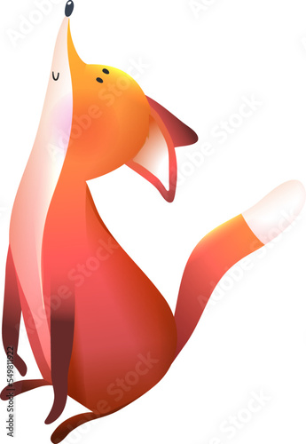 Little Cute Red Fox Looking Up Sitting. Cute artistic animal foxy cartoon for children. Vector kids illustration clipart in watercolor style.