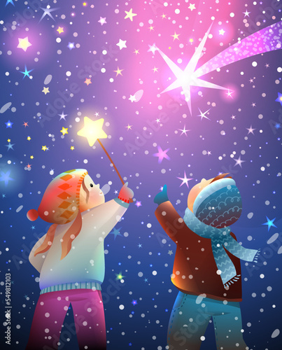 Magical winter night scene with children watching shooting stars in sky, making wish. Boy and girl kids in winter magic starry sky scenery. Christmas or New Year greeting card. Vector illustration.