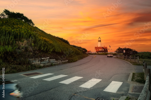 Coast of the ocean with a view of the lighthouse. Maine's famous lighthouse at sunset. USA. Maine. portland head lighthouse 