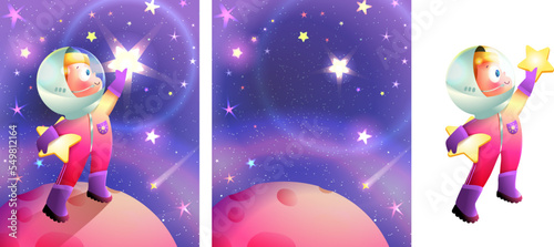 Cute little cosmonaut boy holding a star standing on a planet in outer space with stars in sky. Astronaut character for kids, cartoon for space story. Vector illustration clip art and background set.