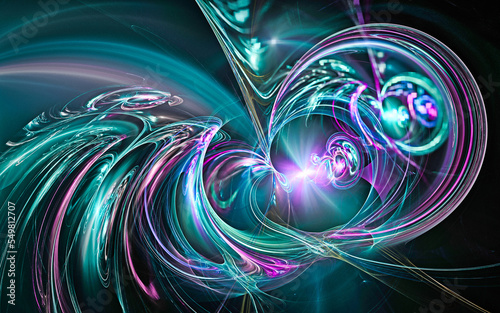 abstract computer illustrations of fantastic energy waves of various shapes and shades on a black background for use in symbols, signs for digital design and graphics