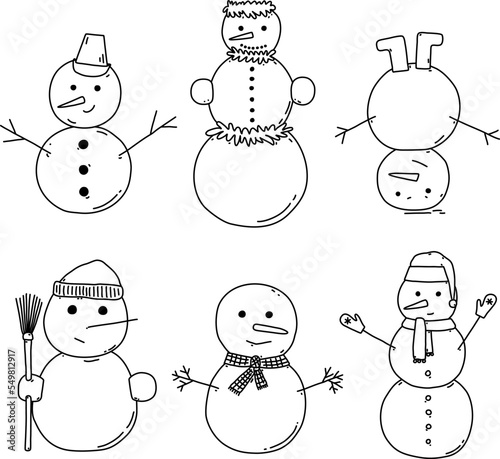 Various snowmen doodle vector illustration. Winter holidays character. Christmas symbol. Snowman line drawing with different accessories collection. Design element for cards, sticker, coloring pages