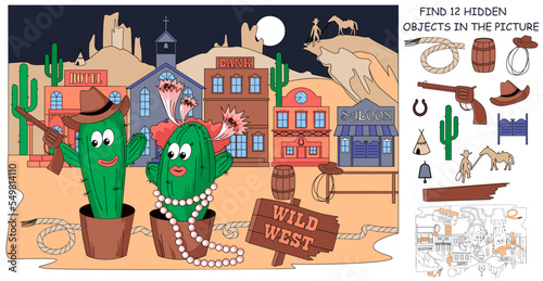 Find hidden objects. Wild West Cactus cowboy and cowgirl. Puzzle Hidden Items. Game for kids. Landscape with Western city. Funny Cacti flower pots. Cartoon sketch vector illustration.