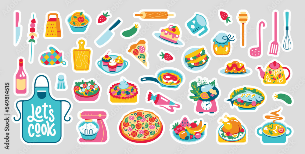 A set of food and sweets stickers for a recipe. ingredients, vegetables, soup, chicken, salad