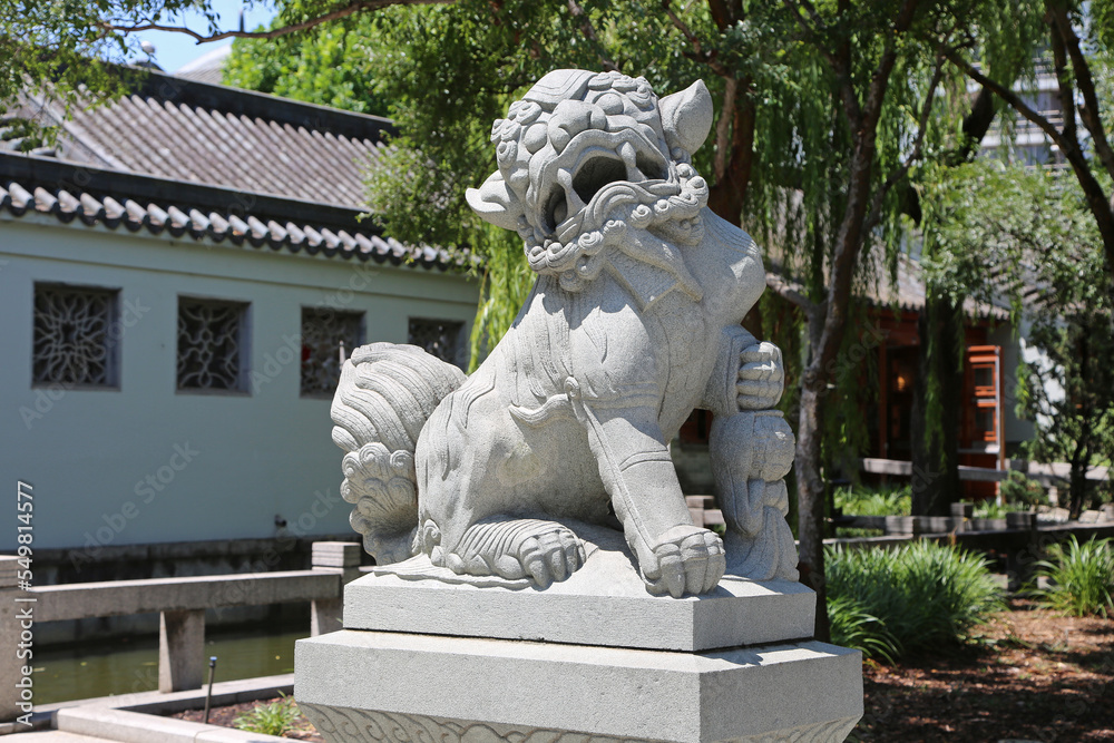 Guardian lion statue in entrance to Chinese Garden of Friendship, Sydney, Australia