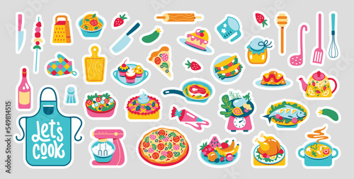 A set of food and sweets stickers for a recipe. ingredients, vegetables, soup, chicken, salad