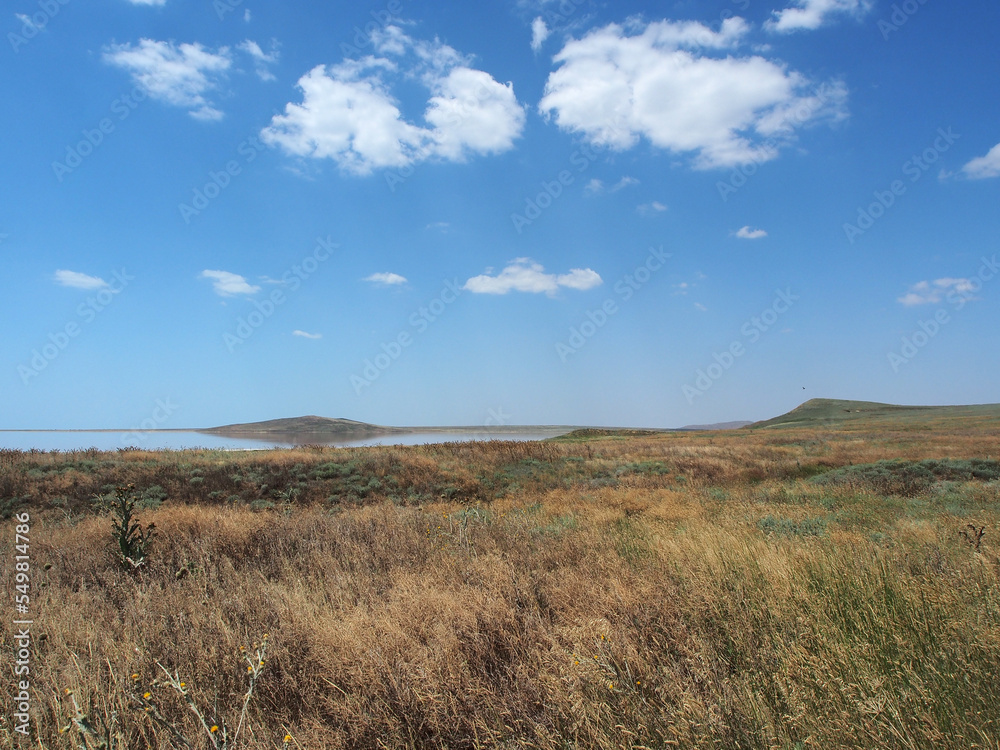 Landscape, a salt lake illuminated by the sun against a clear, cloudless sky. Wildlife, the concept of tourism, recreation and travel.