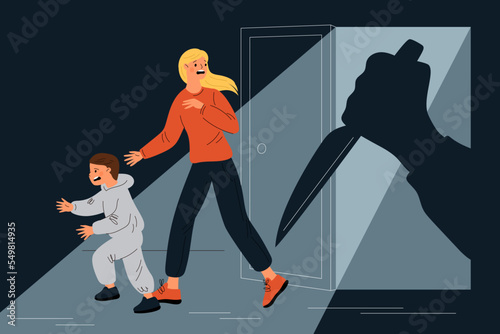 Afraid people running away. Scared mom and kid. Fleeing from threats and fears. Terrible shadow of robber. Burglars violence. Panicked child and woman escape. Garish vector concept photo