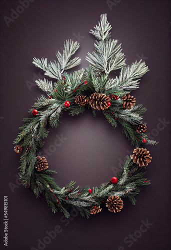 Beautiful Christmas wreath with spruce branches  cones and red berries  grey background  AI generated image