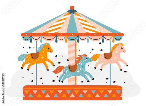 Horses carousel. Kids park attraction. Carnival wheel with funny ponies. Decorative equine animals. Round rides. Rotating entertainment device. Funfair roundabout. Garish vector concept
