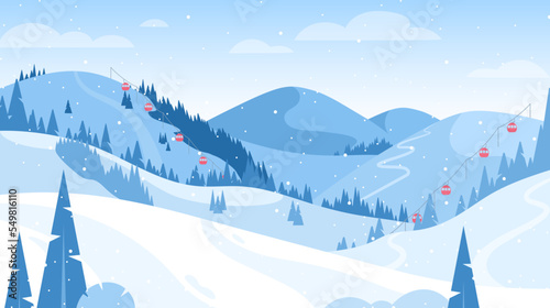 Winter mountain landscape. Vector illustration of ski resort with snowy hill, slope, funicular, ski lift. Outdoor holiday activity in Alps. Winter sport. Skiing and snowboarding. Active weekend
