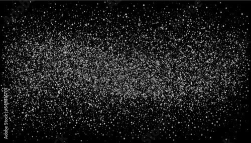 Silver glitter confetti on a black background. Gray gradient particles scattered, sand. Decorative element. Luxury background for your design, postcards, invitations, vector