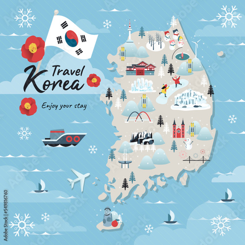 South Korea winter travel map vector illustration. Festival and Attractions in winter.