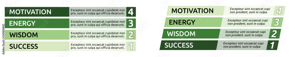 Simple four steps or levels infographics, 4 green bar with text, rectangular and slanted version Simple four steps or levels infographics, 4 green bar with text, rectangular and slanted version