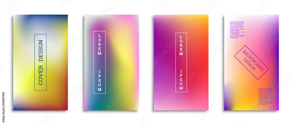 Bright gradient background for the cover. Set of 4 covers. Creative modern vector illustration. Holographic spectrum.