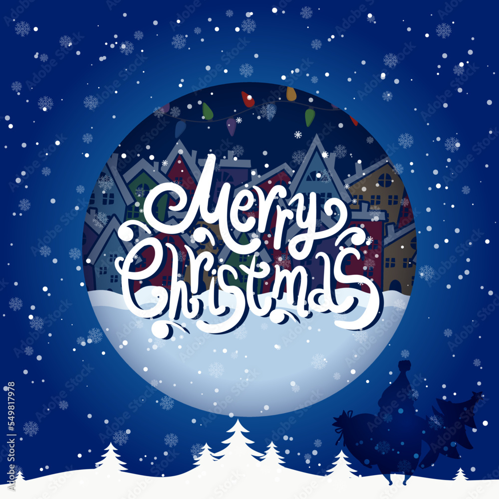 Cartoon illustration and text for holiday theme on winter background with trees and snow. Greeting card for Merry Christmas and Happy New Year.