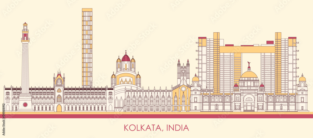 Cartoon Skyline panorama of city of Kolkata, India - vector illustration