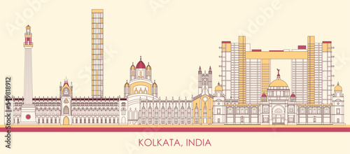 Cartoon Skyline panorama of city of Kolkata, India - vector illustration photo