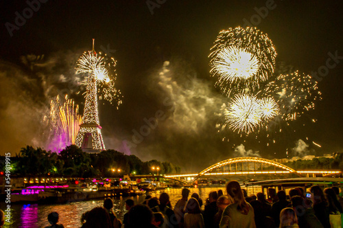 Fireworks over the Seine in Paris, France on Bastille Day.