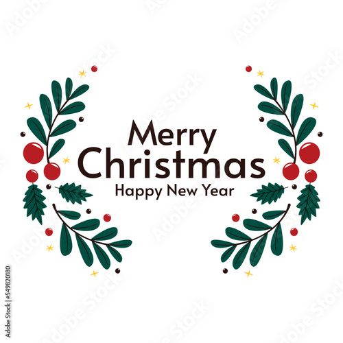 Merry Christmas banner. Christmas holly berry leaves isolated. Cute holly isolated on white background. Vector illustration. Template.