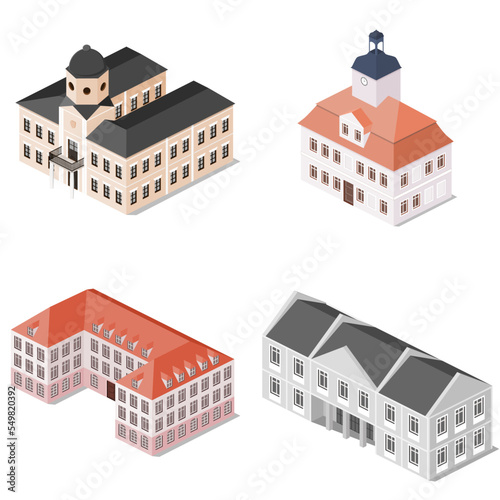 Set of city halls, town halls, residentals, isometric architecture.