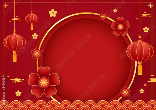 Happy Chinese new year 2023. Chinese new year banner with circle for show product. Greeting card. China frame with lantern on red background.