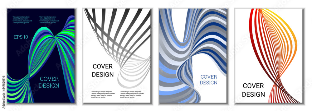 A set of 4 abstract covers. Wavy parallel gradient lines, ribbons evolve. Cover design, background. Trendy banner, poster. A set of 4 abstract covers. Wavy parallel gradient lines, ribbons evolve. Cover design, background. Trendy banner, poster.