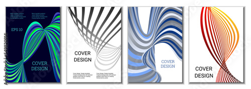 A set of 4 abstract covers. Wavy parallel gradient lines, ribbons evolve. Cover design, background. Trendy banner, poster.