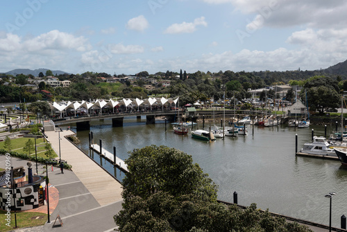 Elevated view of the Victoria Canopy Bridge over the Hatea River in central Whangarei, Northland, New Zealand.