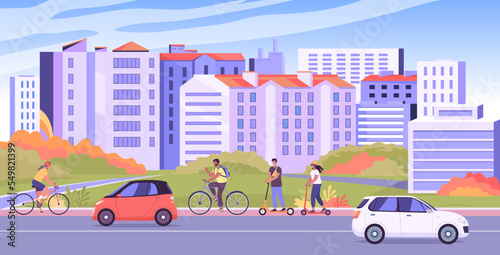 Colorful landcape illustration and modern city transport 