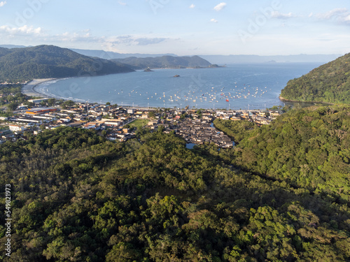 beautiful fishermen's beach formed in a bay in the mountains, Pereque, Guarujá, Brazil