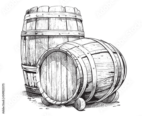 Valokuva Wooden barrels of wine vintage sketch hand drawn engraved style Vector illustrat