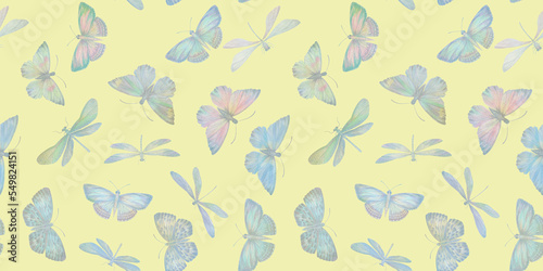 delicate watercolor butterflies and dragonflies painted in watercolor  seamless abstract pattern for design