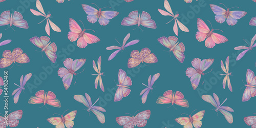 delicate watercolor butterflies and dragonflies painted in watercolor, seamless abstract pattern for design
